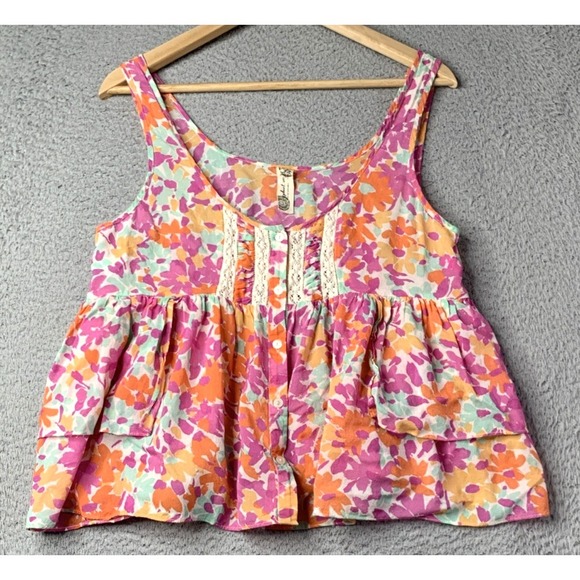 Free People Tops - Free People Top Womens Size Small  Pink Floral Sleeveless Layer Ruffle Tank Top